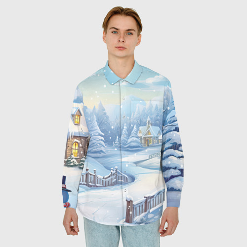 Мужская рубашка oversize 3D с принтом Снежная тропинка, фото на моделе #1