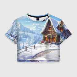 Женская футболка Crop-top 3D Зимний новогодний  домик