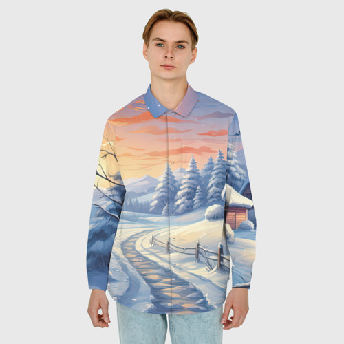 Мужская рубашка oversize 3D с принтом Предновогодний восход, фото на моделе #1