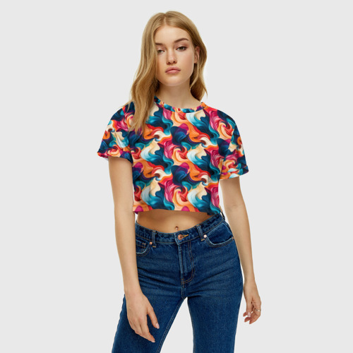 Женская футболка Crop-top 3D Паттерн абстрактные разноцветные волны , цвет 3D печать - фото 4
