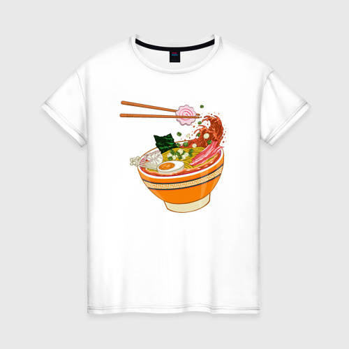 Женская футболка из хлопка с принтом Блюдо рамэн, вид спереди №1