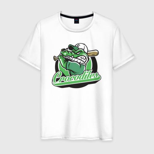 Мужская футболка из хлопка с принтом Крокодил бейсболист, вид спереди №1