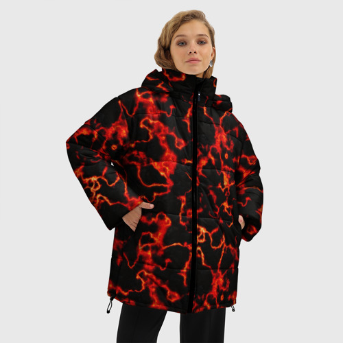 Женская зимняя куртка 3D с принтом Магма инферно, фото на моделе #1