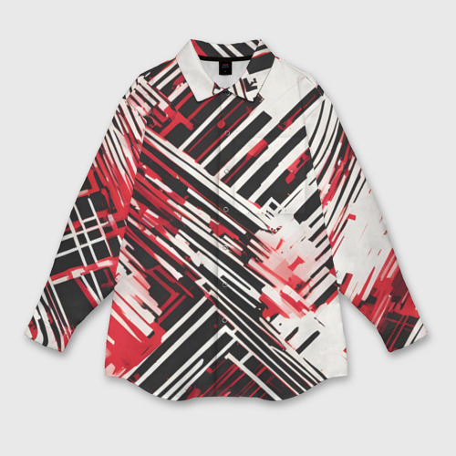 Женская рубашка oversize 3D с принтом Киберпанк линии белые и красные, вид спереди #2