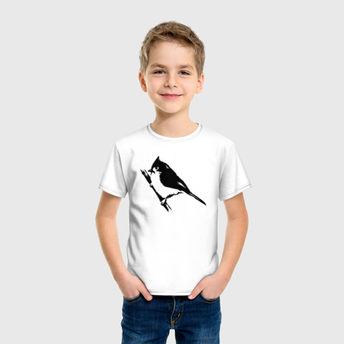 Детская футболка хлопок с принтом Птица на ветке трафарет, фото на моделе #1