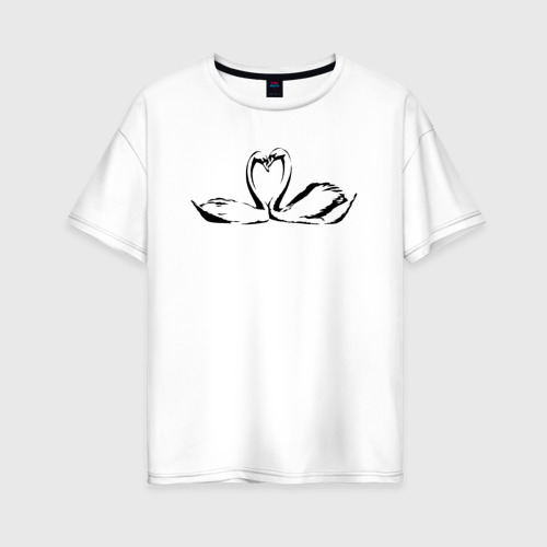Женская футболка оверсайз из хлопка с принтом Пара лебедей трафарет, вид спереди №1