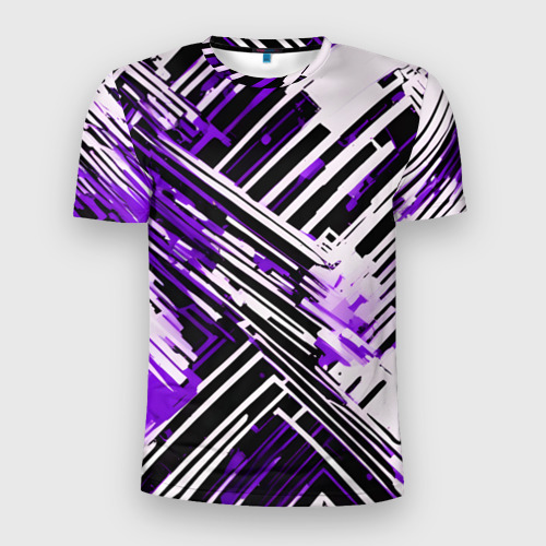 Мужская футболка 3D Slim с принтом Киберпанк линии белые и фиолетовые, вид спереди #2