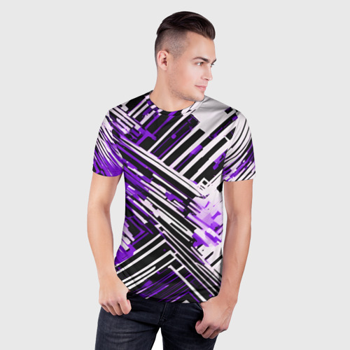 Мужская футболка 3D Slim с принтом Киберпанк линии белые и фиолетовые, фото на моделе #1