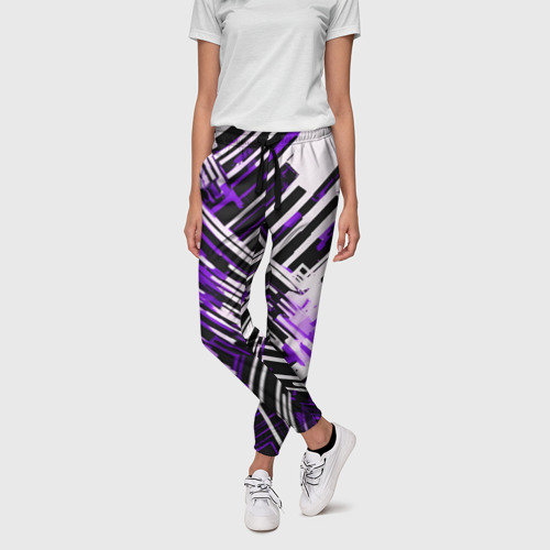 Женские брюки 3D с принтом Киберпанк линии белые и фиолетовые, фото на моделе #1