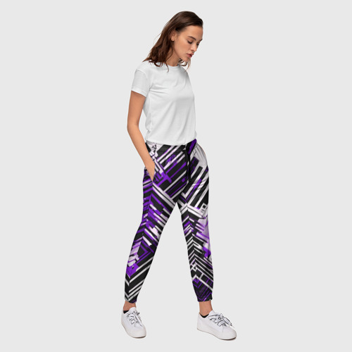 Женские брюки 3D с принтом Киберпанк линии белые и фиолетовые, вид сбоку #3