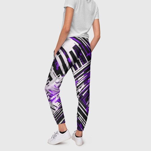 Женские брюки 3D с принтом Киберпанк линии белые и фиолетовые, вид сзади #2