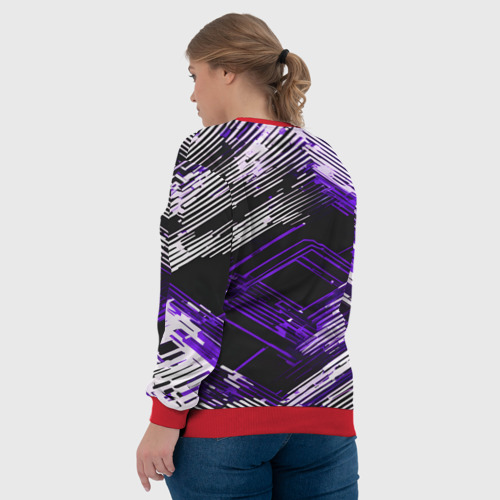 Женский свитшот 3D с принтом Киберпанк линии белые и фиолетовые, вид сзади #2