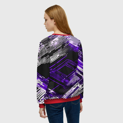 Женский свитшот 3D с принтом Киберпанк линии белые и фиолетовые, вид сзади #2