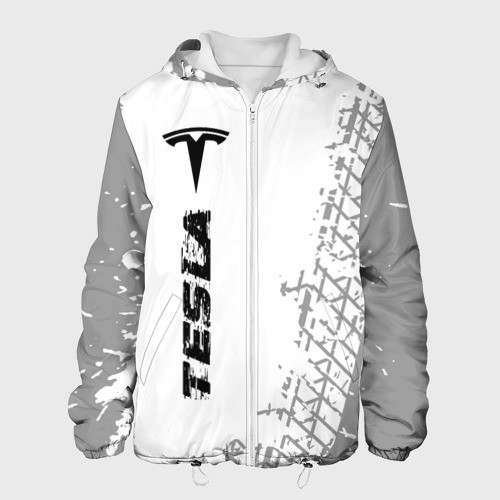 Мужская куртка 3D с принтом Tesla speed на светлом фоне со следами шин по-вертикали, вид спереди #2