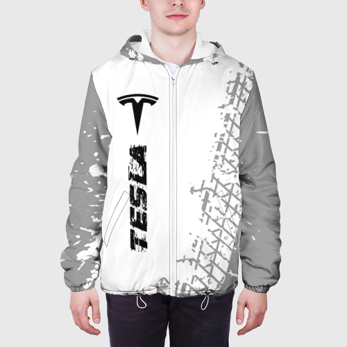 Мужская куртка 3D с принтом Tesla speed на светлом фоне со следами шин по-вертикали, вид сбоку #3