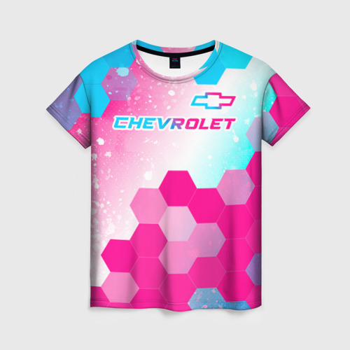 Женская футболка 3D с принтом Chevrolet neon gradient style посередине, вид спереди #2