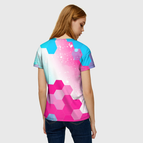 Женская футболка 3D с принтом Chevrolet neon gradient style посередине, вид сзади #2