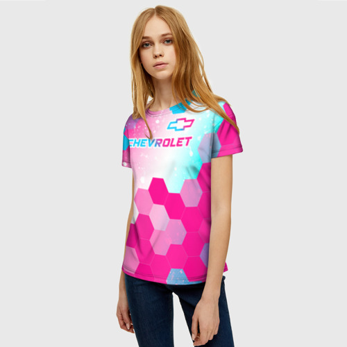 Женская футболка 3D с принтом Chevrolet neon gradient style посередине, фото на моделе #1