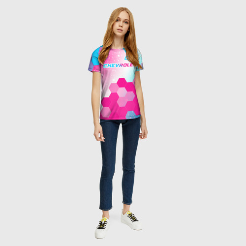 Женская футболка 3D с принтом Chevrolet neon gradient style посередине, вид сбоку #3