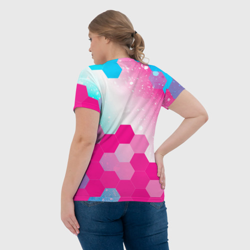 Женская футболка 3D с принтом Chevrolet neon gradient style посередине, вид сзади #2