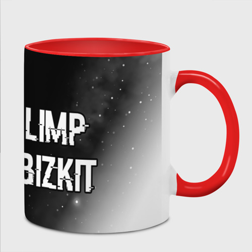 Кружка с полной запечаткой Limp Bizkit glitch на темном фоне по-горизонтали, цвет белый + красный