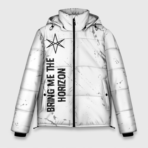 Мужская зимняя куртка 3D с принтом Bring Me the Horizon glitch на светлом фоне по-вертикали, вид спереди #2