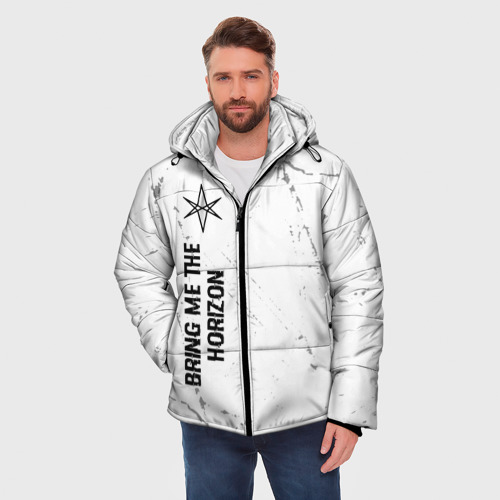 Мужская зимняя куртка 3D с принтом Bring Me the Horizon glitch на светлом фоне по-вертикали, фото на моделе #1