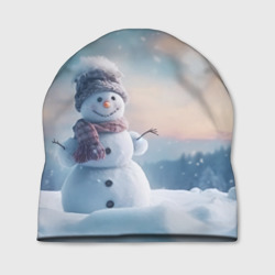 Шапка 3D Радостный снеговик в лесу на поляне 