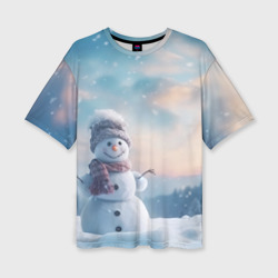 Женская футболка oversize 3D Радостный снеговик в лесу на поляне 