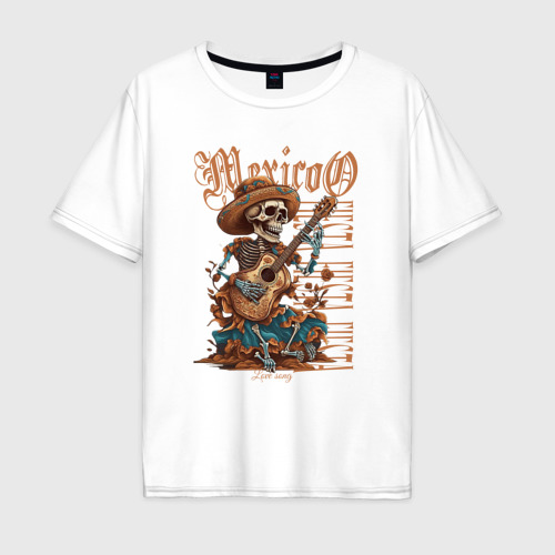 Мужская футболка из хлопка оверсайз с принтом Мексика фиеста и скелет с гитарой, вид спереди №1