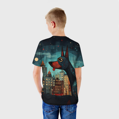 Детская футболка 3D Доберман на фоне города в стиле фолк-арт, цвет 3D печать - фото 4