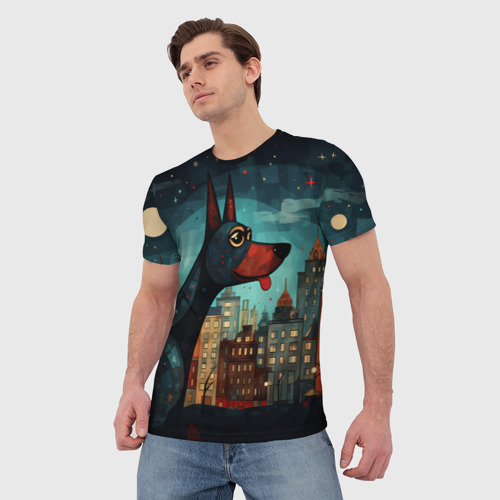 Мужская футболка 3D Доберман на фоне города в стиле фолк-арт, цвет 3D печать - фото 3