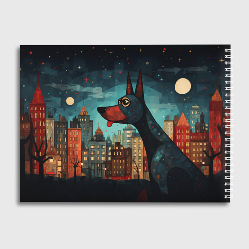Альбом для рисования Доберман на фоне города в стиле фолк-арт - фото 2