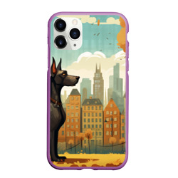 Чехол для iPhone 11 Pro Max матовый Дог на фоне осеннего города в стиле фолк-арт