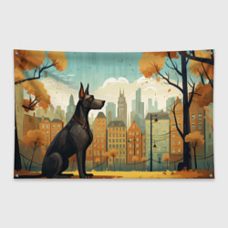 Флаг-баннер Дог на фоне осеннего города в стиле фолк-арт