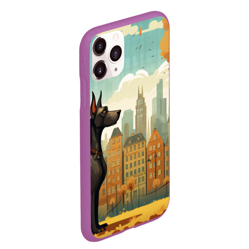 Чехол для iPhone 11 Pro Max матовый Дог на фоне осеннего города в стиле фолк-арт, цвет фиолетовый - фото 3