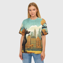 Женская футболка oversize 3D Дог на фоне осеннего города в стиле фолк-арт - фото 2