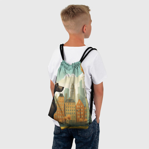 Рюкзак-мешок 3D Дог на фоне осеннего города в стиле фолк-арт - фото 4