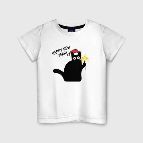 Детская футболка хлопок С новым годом - черный кот, цвет белый