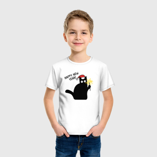 Детская футболка хлопок С новым годом - черный кот, цвет белый - фото 3