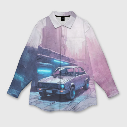 Мужская рубашка oversize 3D Автомобиль в пурпурной думке , цвет белый