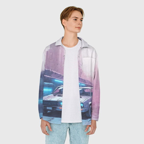 Мужская рубашка oversize 3D Автомобиль в пурпурной думке , цвет белый - фото 5
