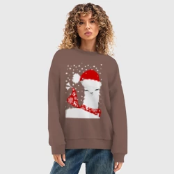 Женский свитшот oversize без начеса хлопок Лама в шапочке и шарфе - фото 2