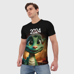 Мужская футболка 3D Зеленый дракончик символ года 2024 - фото 2