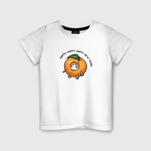 Детская футболка хлопок Счастливый котенок - мандарин, цвет белый