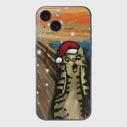 Чехол для iPhone 15 силиконовый с защитой камеры Кот Крик новогодний в колпаке мем