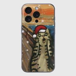 Чехол для iPhone 16 Pro Max силиконовый с защитой камеры Кот Крик новогодний в колпаке мем