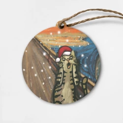 Деревянная игрушка круг Кот Крик новогодний в колпаке мем