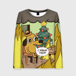 Женский лонгслив 3D This is fine - с новым годом мем под ёлкой 2025