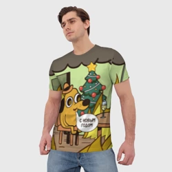 Мужская футболка 3D This is fine dog meme - с новым годом мем под ёлкой в огне - фото 2